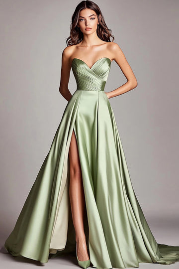 Dusty Sage Bustless Une ligne froncée Robe de bal longue en satin avec fente